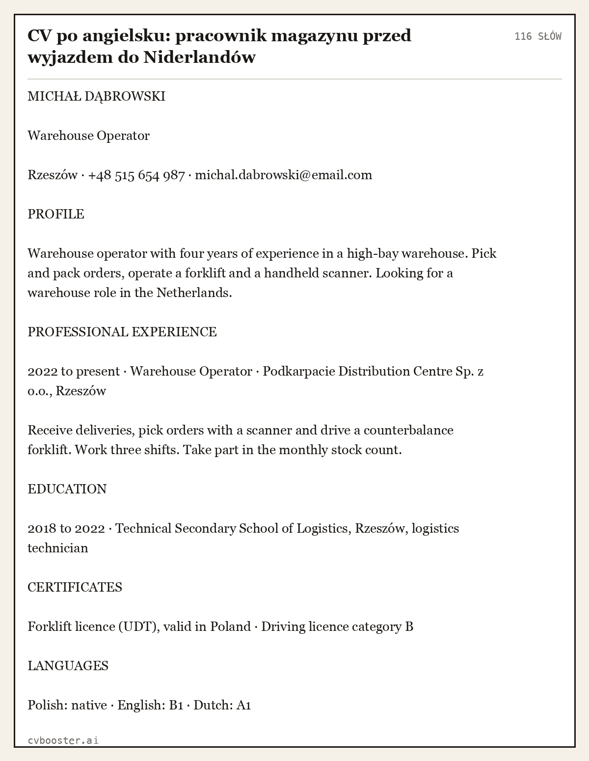 Gotowy przykład: CV po angielsku: pracownik magazynu przed wyjazdem do Niderlandów, 116 słów
