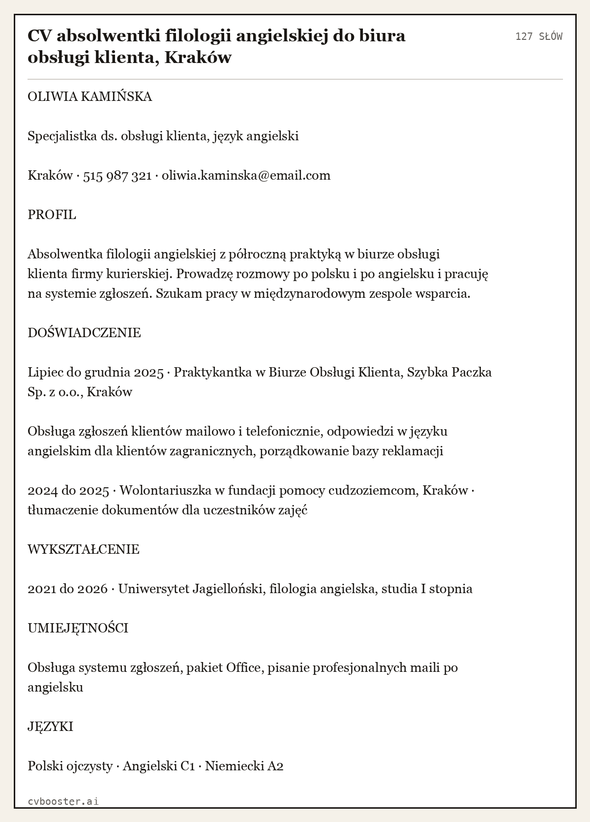 Gotowy przykład: CV absolwentki filologii angielskiej do biura obsługi klienta, Kraków, 127 słów