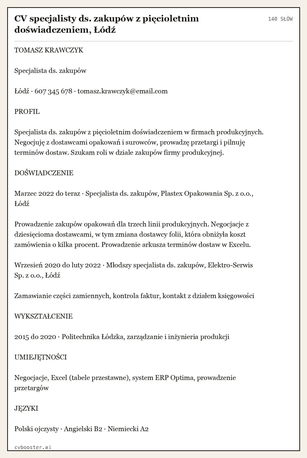 Gotowy przykład: CV specjalisty ds. zakupów z pięcioletnim doświadczeniem, Łódź, 140 słów