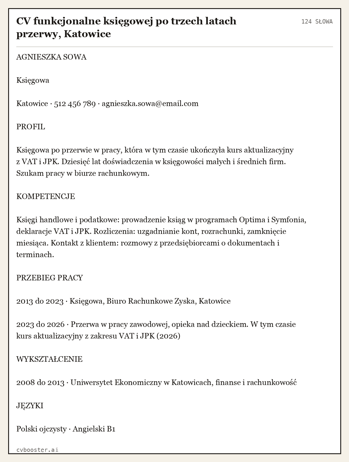 Gotowy przykład: CV funkcjonalne księgowej po trzech latach przerwy, Katowice, 124 słowa