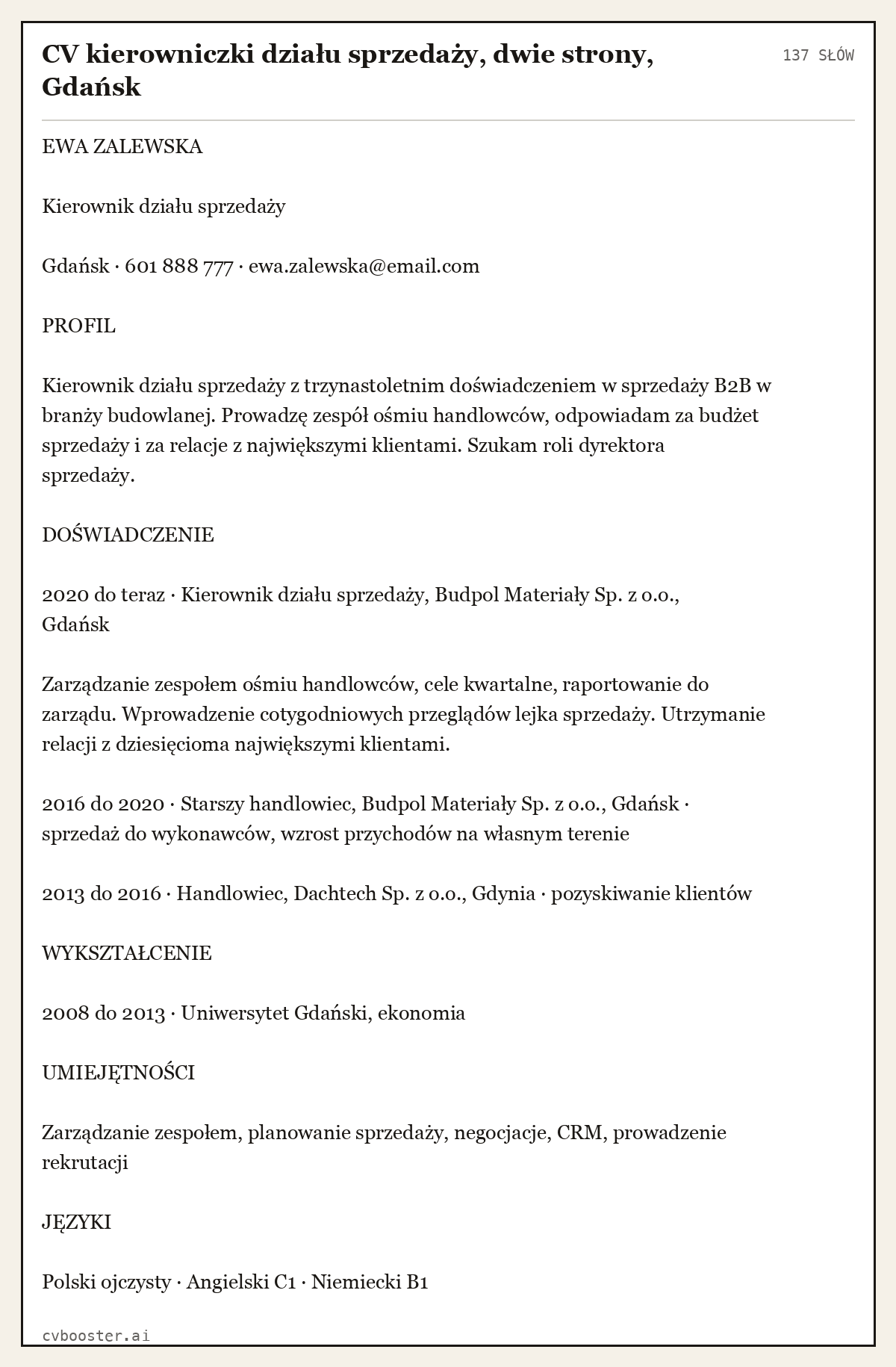 Gotowy przykład: CV kierowniczki działu sprzedaży, dwie strony, Gdańsk, 137 słów