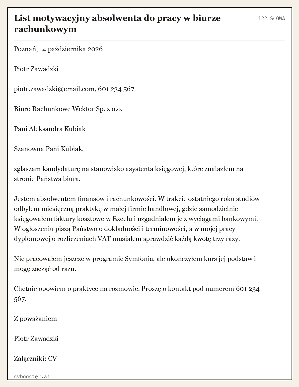 Gotowy przykład: List motywacyjny absolwenta do pracy w biurze rachunkowym, 122 słowa