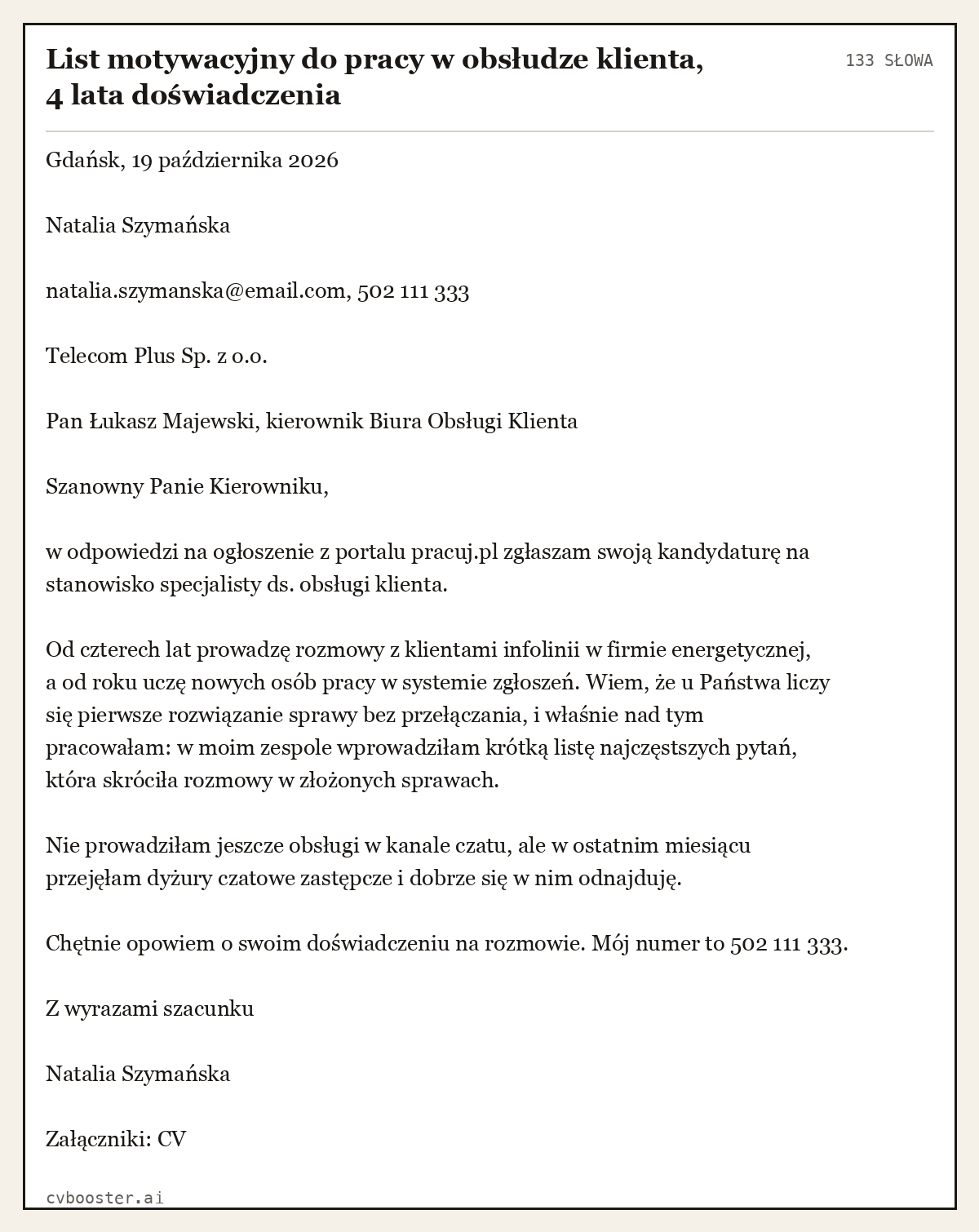 Gotowy przykład: List motywacyjny do pracy w obsłudze klienta, 4 lata doświadczenia, 133 słowa