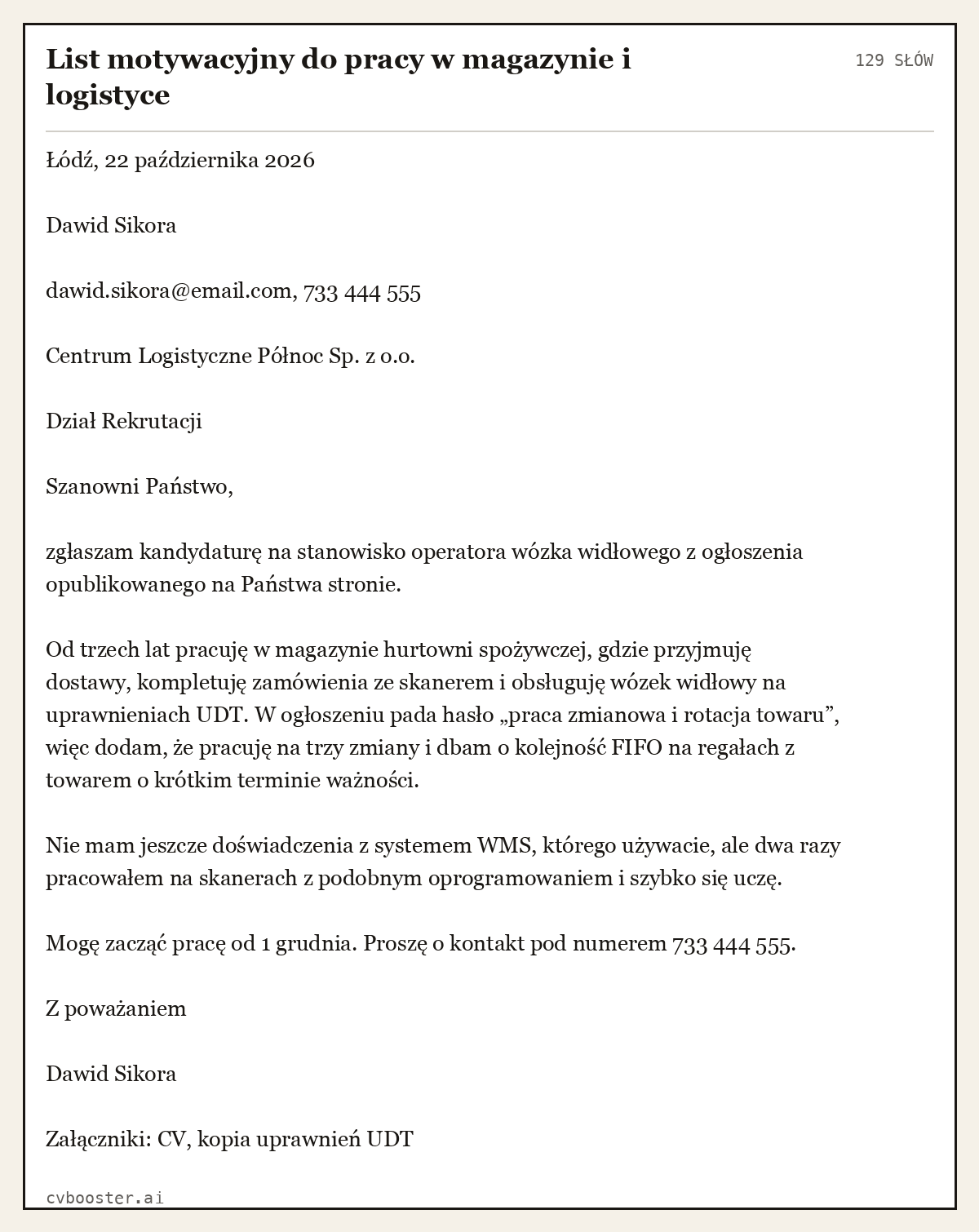 Gotowy przykład: List motywacyjny do pracy w magazynie i logistyce, 129 słów