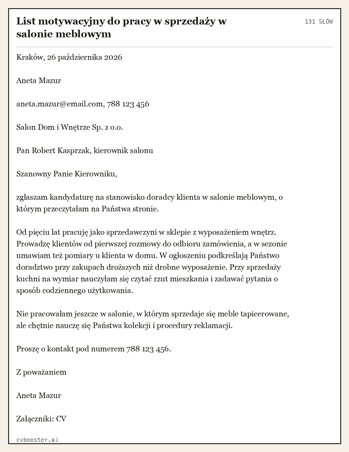 Gotowy przykład: List motywacyjny do pracy w sprzedaży w salonie meblowym, 131 słów