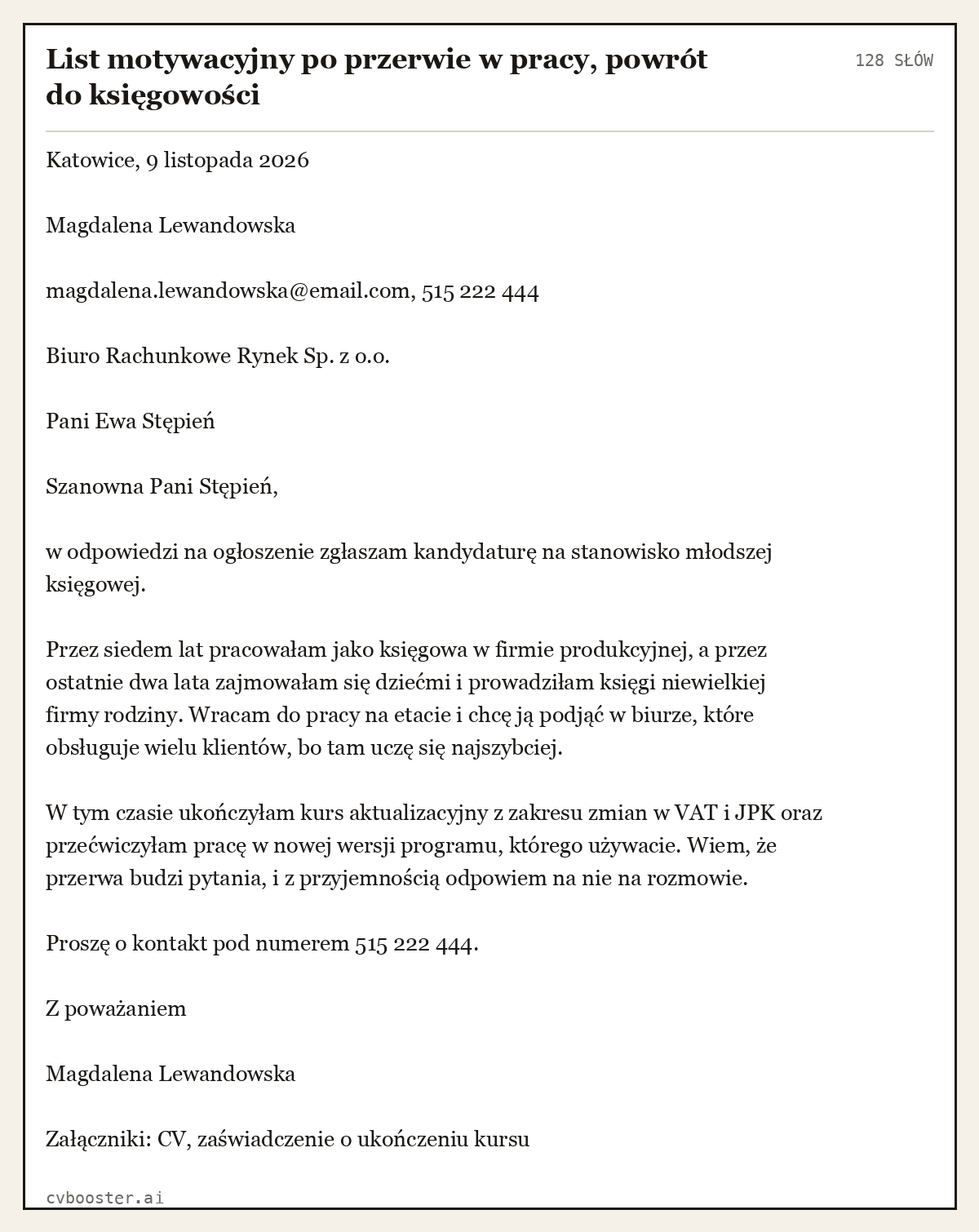 Gotowy przykład: List motywacyjny po przerwie w pracy, powrót do księgowości, 128 słów