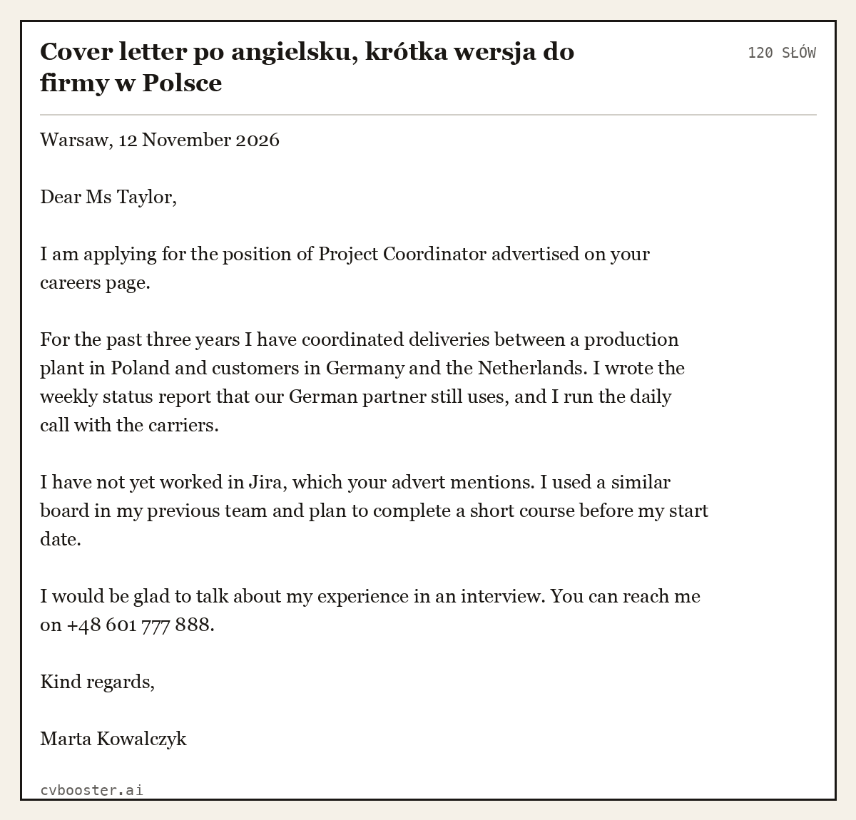 Gotowy przykład: Cover letter po angielsku, krótka wersja do firmy w Polsce, 120 słów