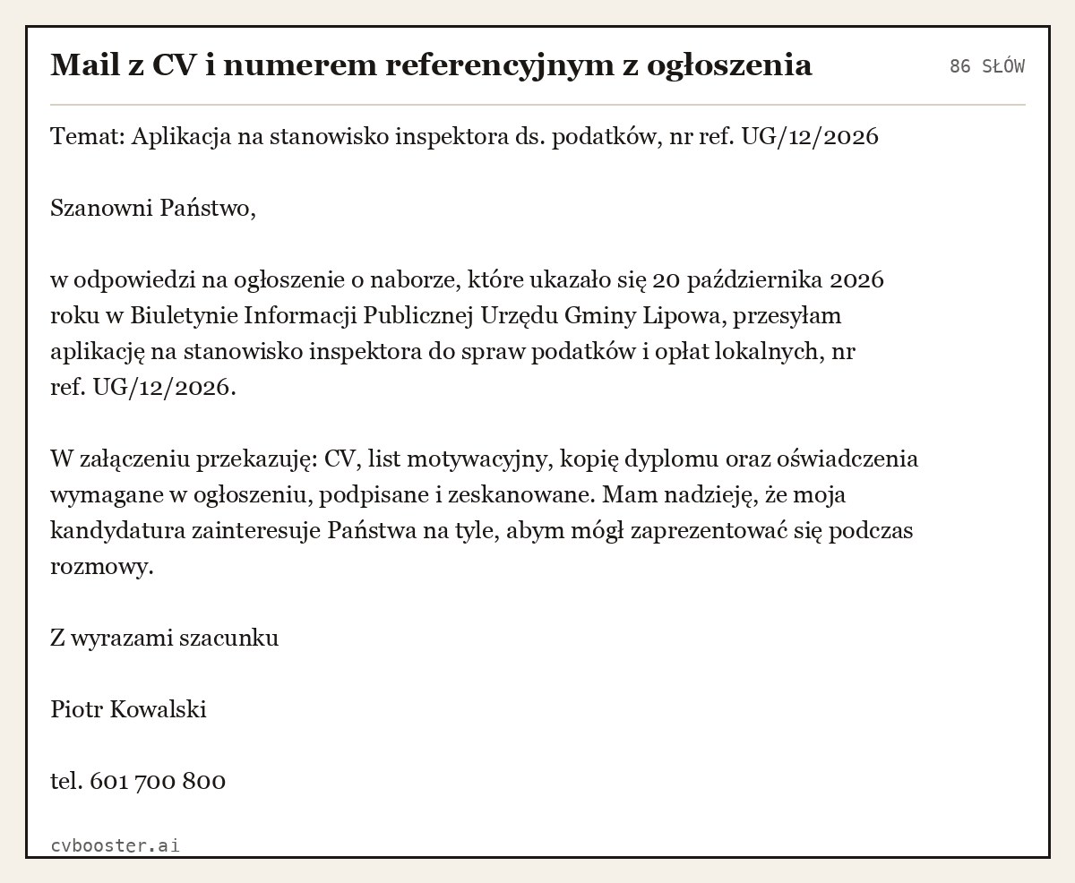 Gotowy przykład: Mail z CV i numerem referencyjnym z ogłoszenia, 86 słów