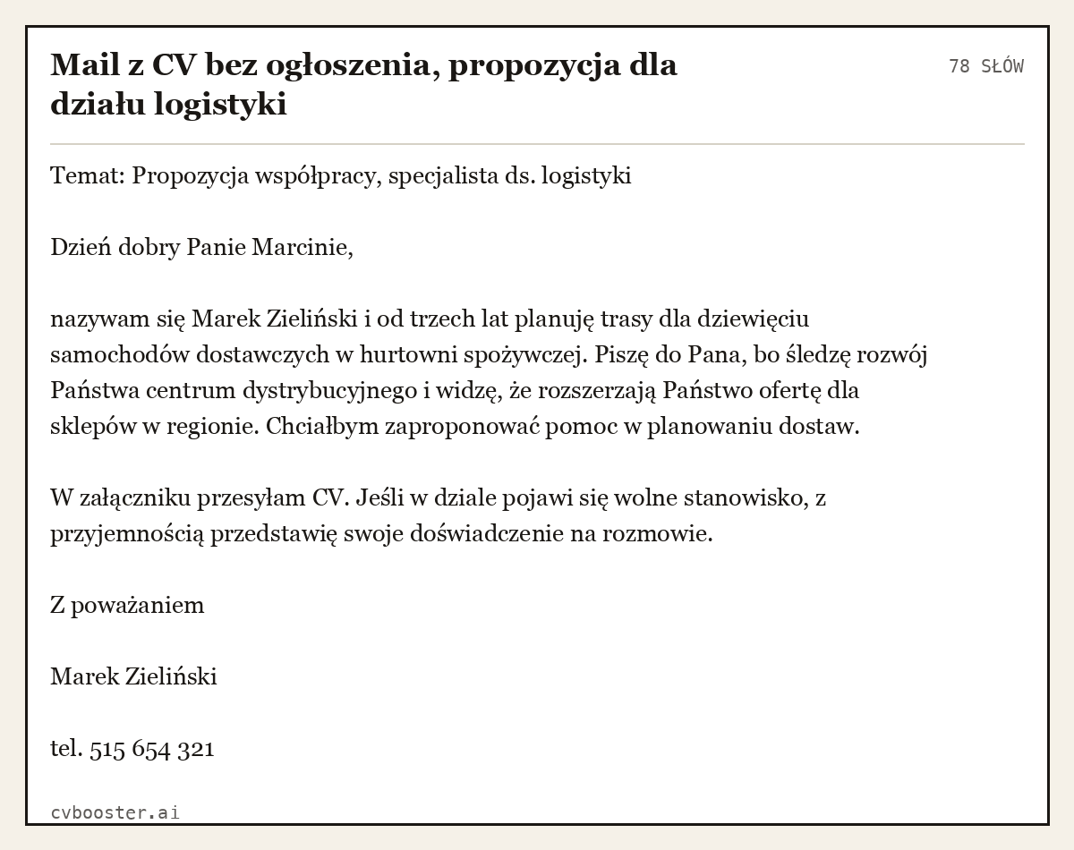 Gotowy przykład: Mail z CV bez ogłoszenia, propozycja dla działu logistyki, 78 słów