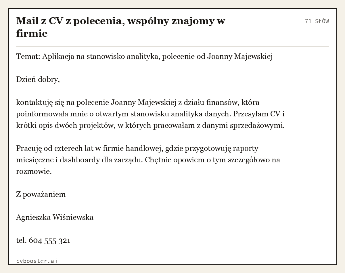Gotowy przykład: Mail z CV z polecenia, wspólny znajomy w firmie, 71 słów