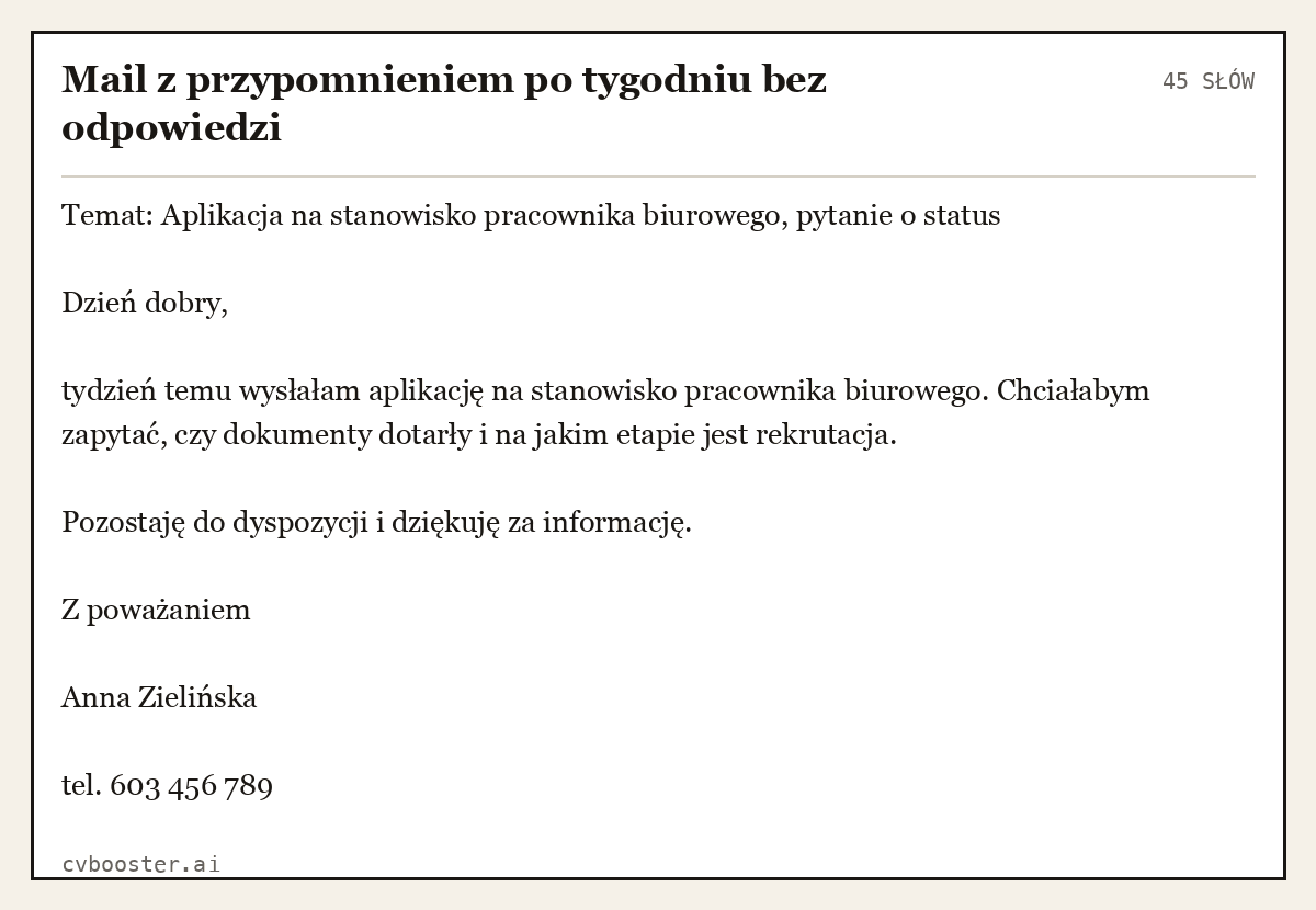Gotowy przykład: Mail z przypomnieniem po tygodniu bez odpowiedzi, 45 słów