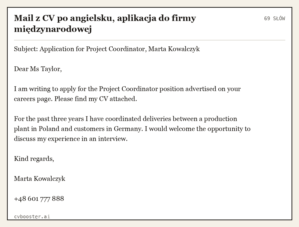 Gotowy przykład: Mail z CV po angielsku, aplikacja do firmy międzynarodowej, 69 słów
