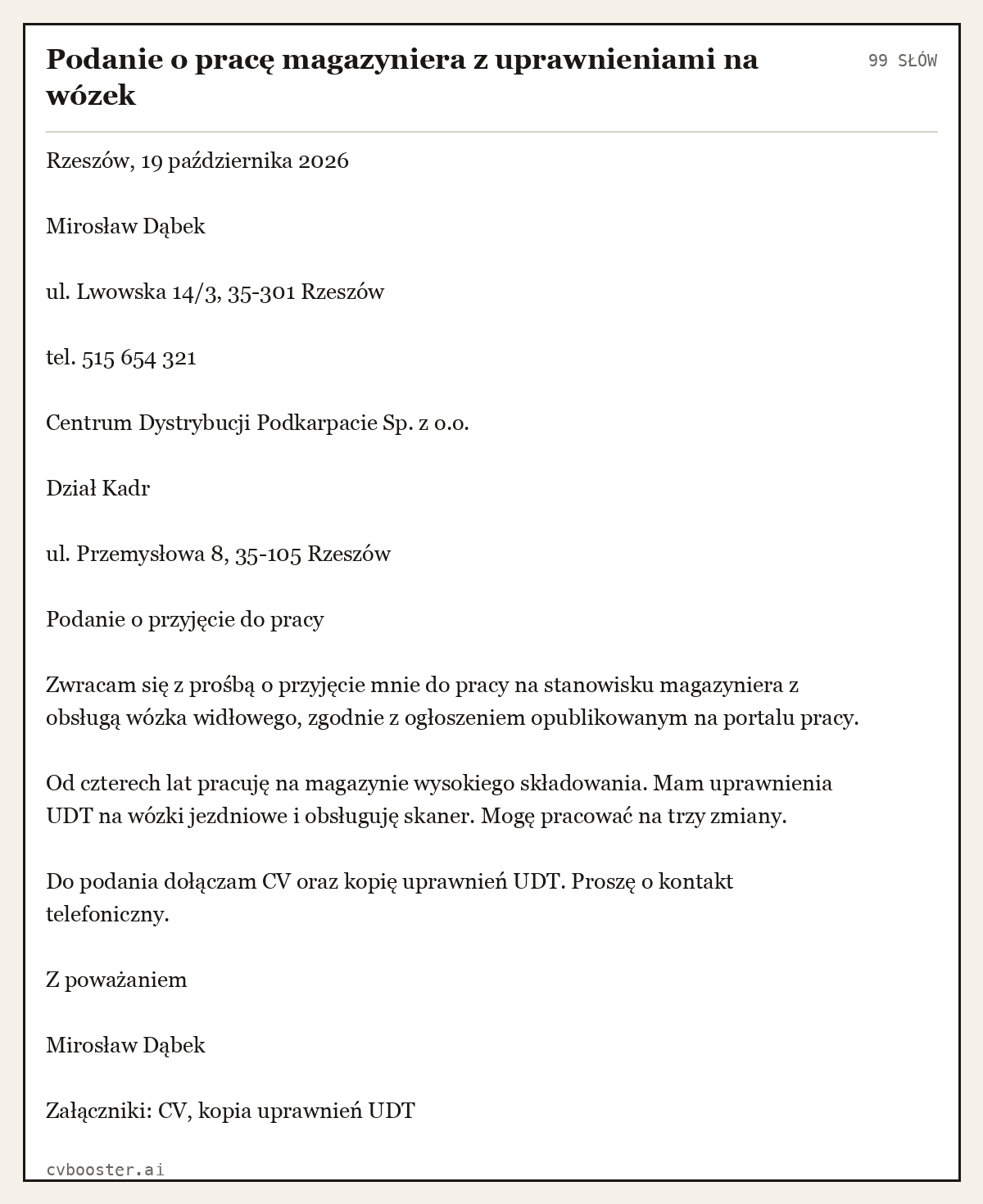 Gotowy przykład: Podanie o pracę magazyniera z uprawnieniami na wózek, 99 słów