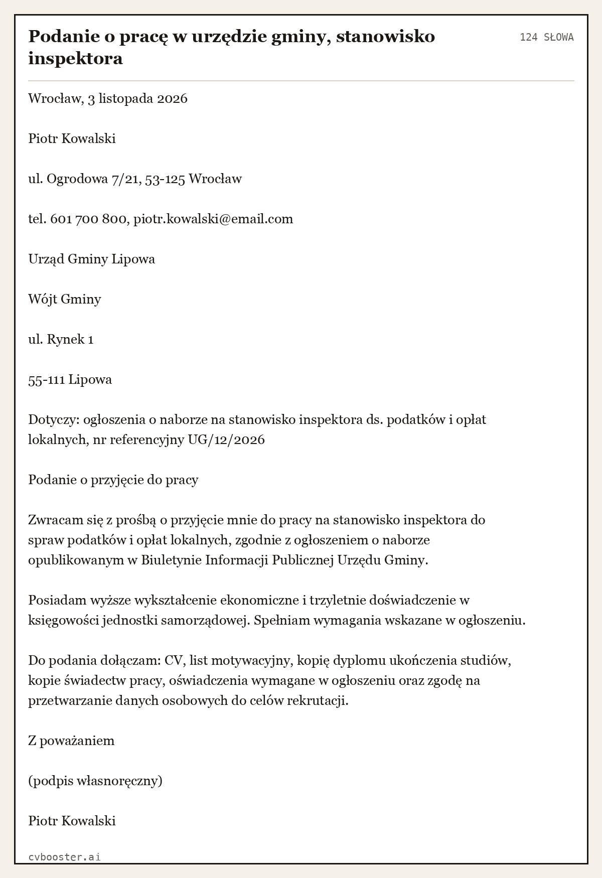 Gotowy przykład: Podanie o pracę w urzędzie gminy, stanowisko inspektora, 124 słowa