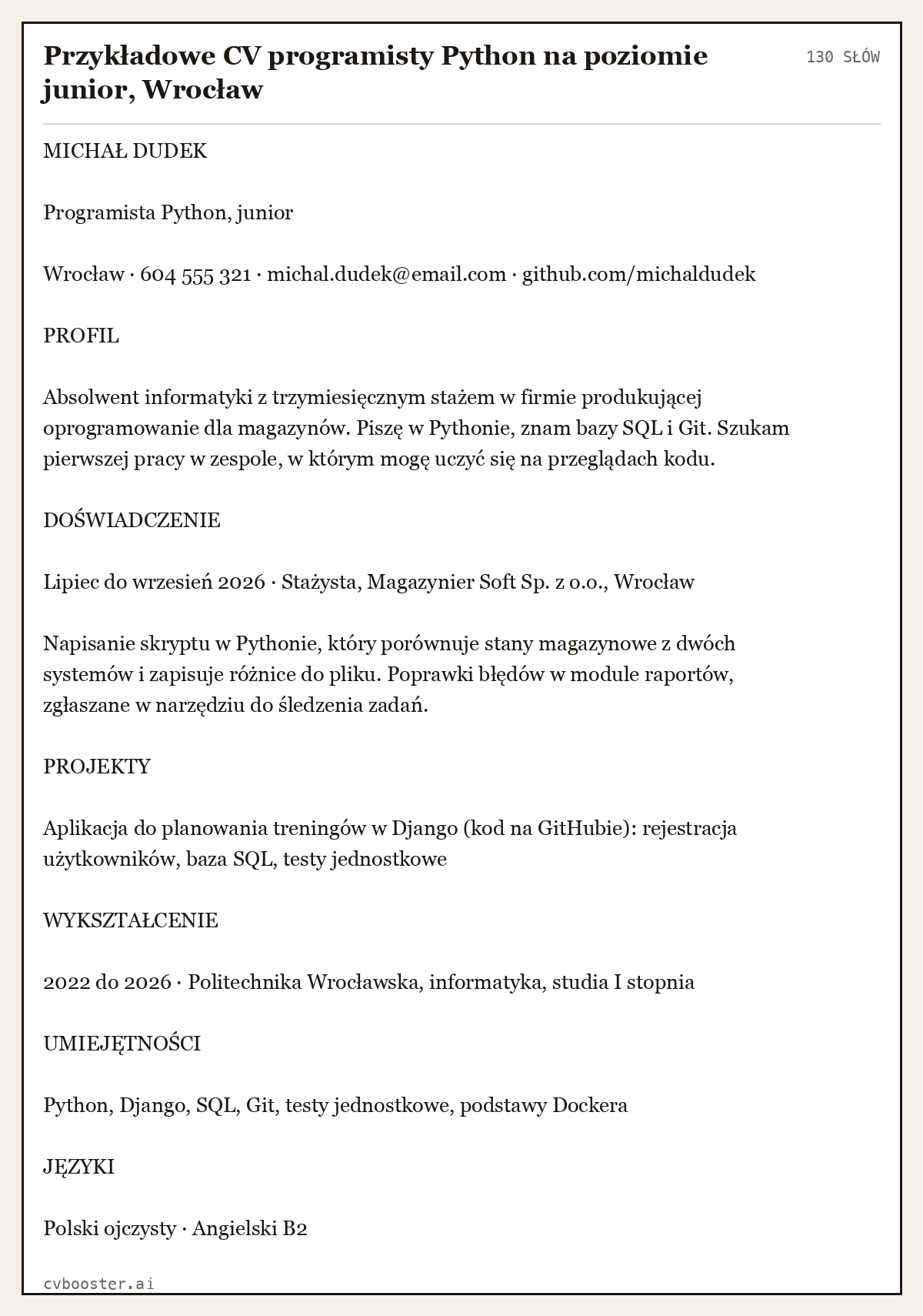 Gotowy przykład: Przykładowe CV programisty Python na poziomie junior, Wrocław, 130 słów