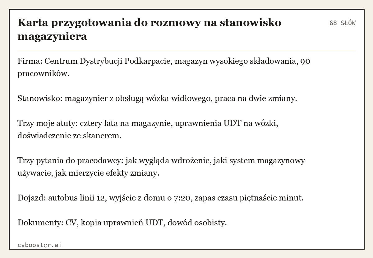 Gotowy przykład: Karta przygotowania do rozmowy na stanowisko magazyniera, 68 słów