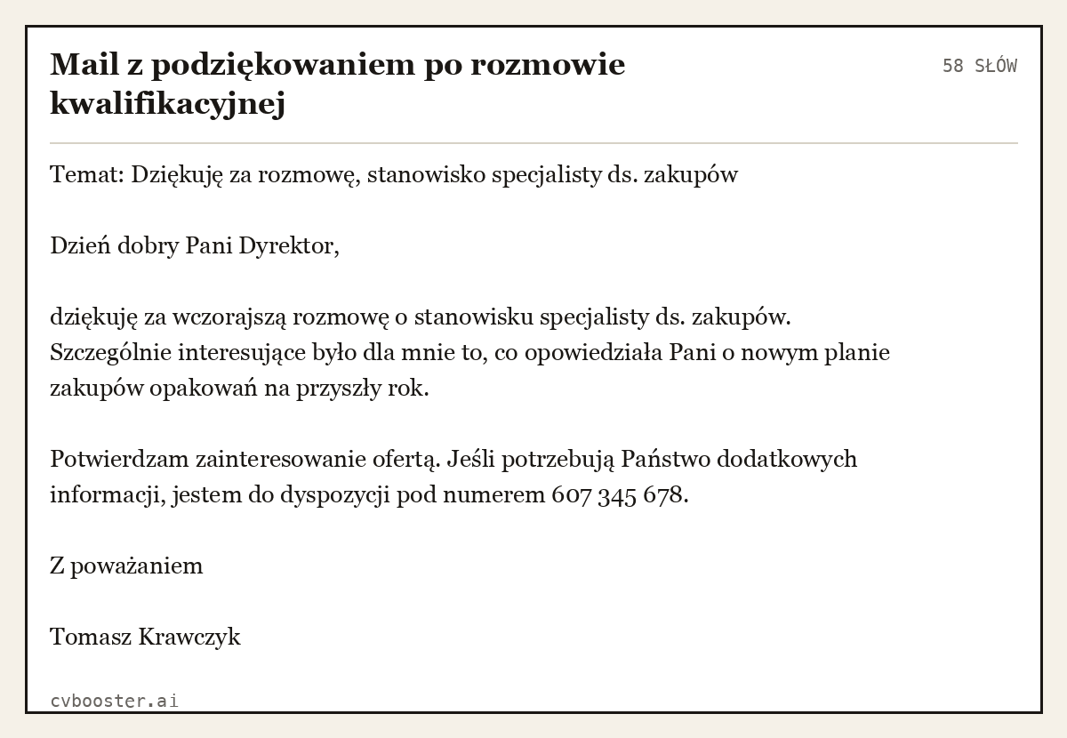 Gotowy przykład: Mail z podziękowaniem po rozmowie kwalifikacyjnej, 58 słów