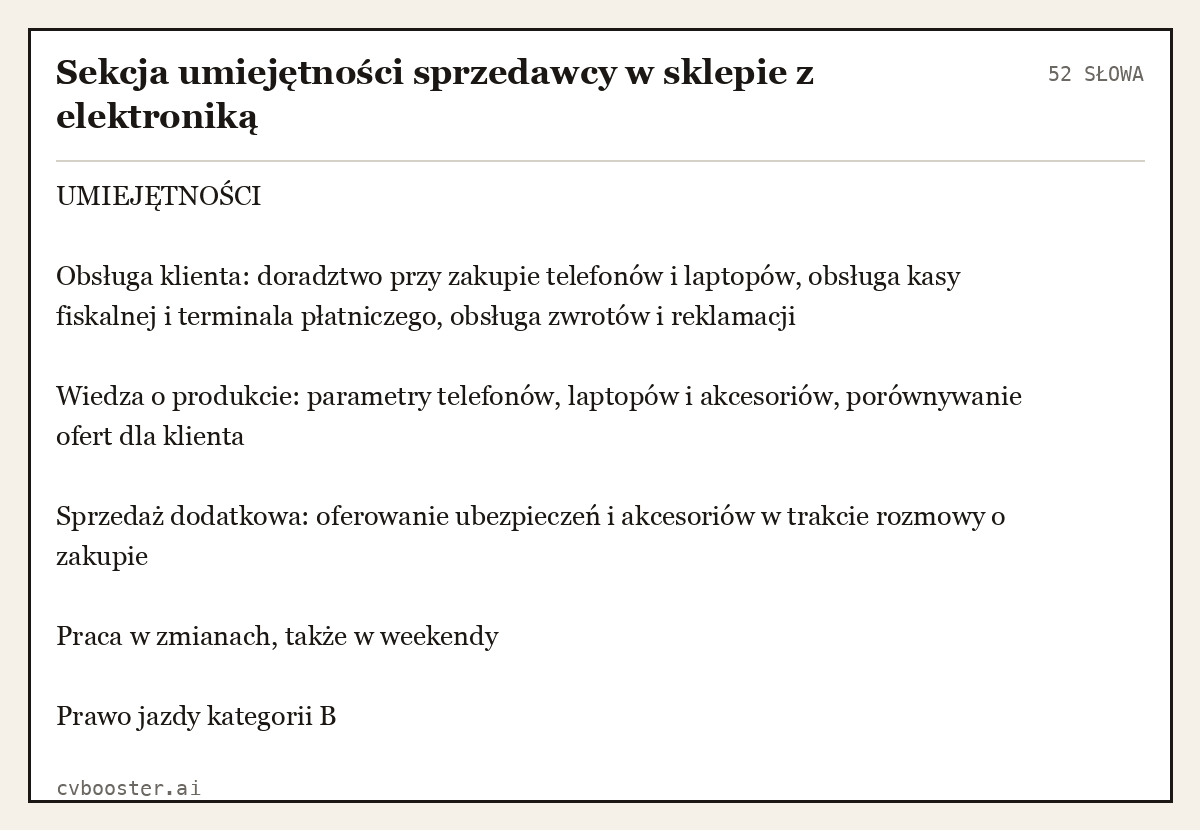 Gotowy przykład: Sekcja umiejętności sprzedawcy w sklepie z elektroniką, 52 słowa