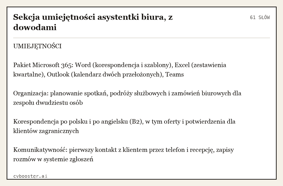 Gotowy przykład: Sekcja umiejętności asystentki biura, z dowodami, 61 słów