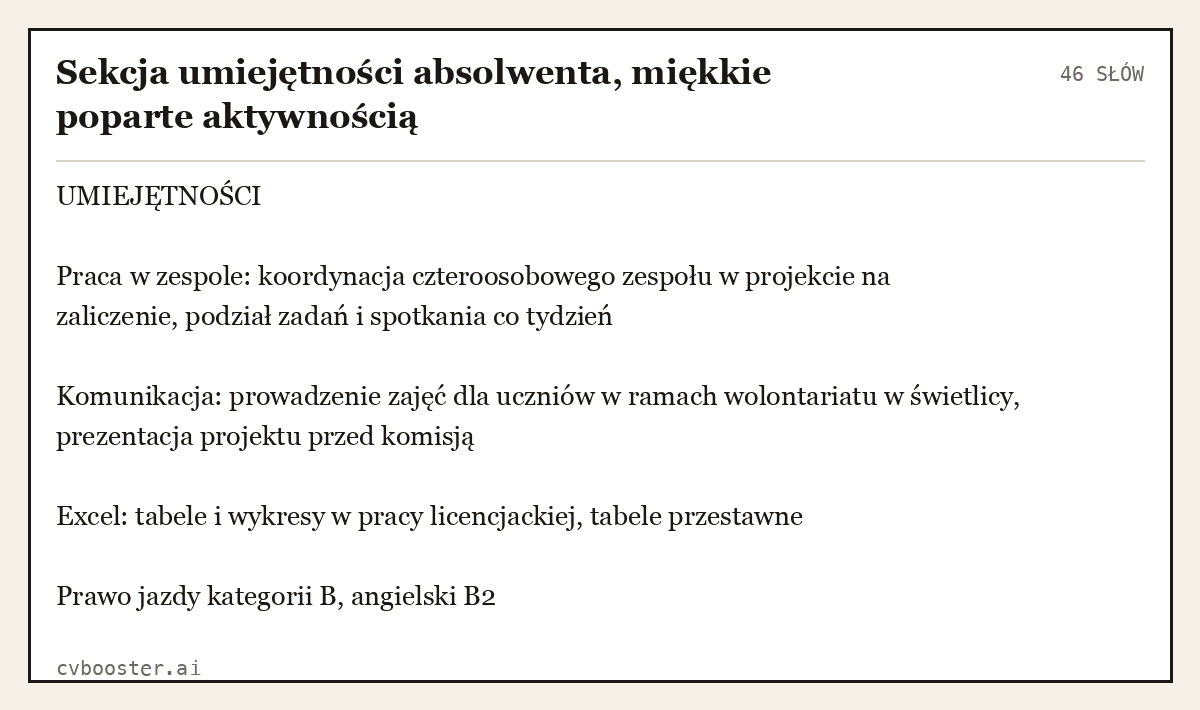 Gotowy przykład: Sekcja umiejętności absolwenta, miękkie poparte aktywnością, 46 słów