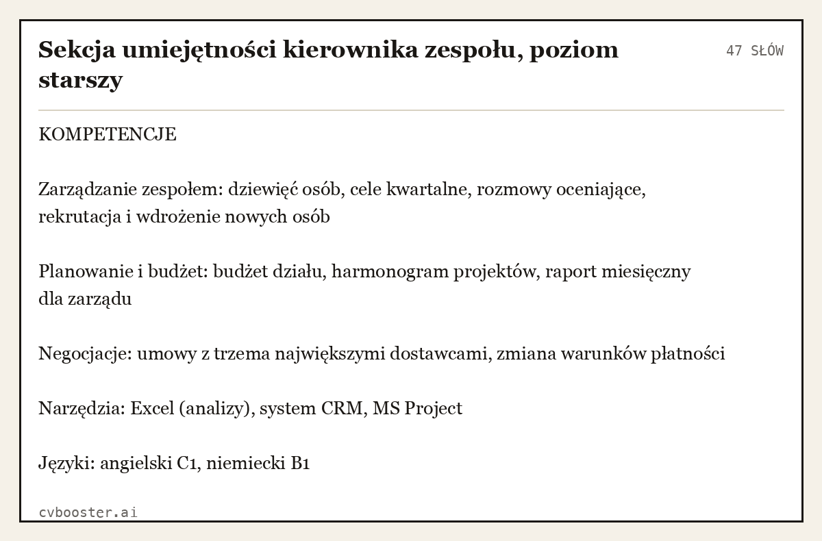 Gotowy przykład: Sekcja umiejętności kierownika zespołu, poziom starszy, 47 słów