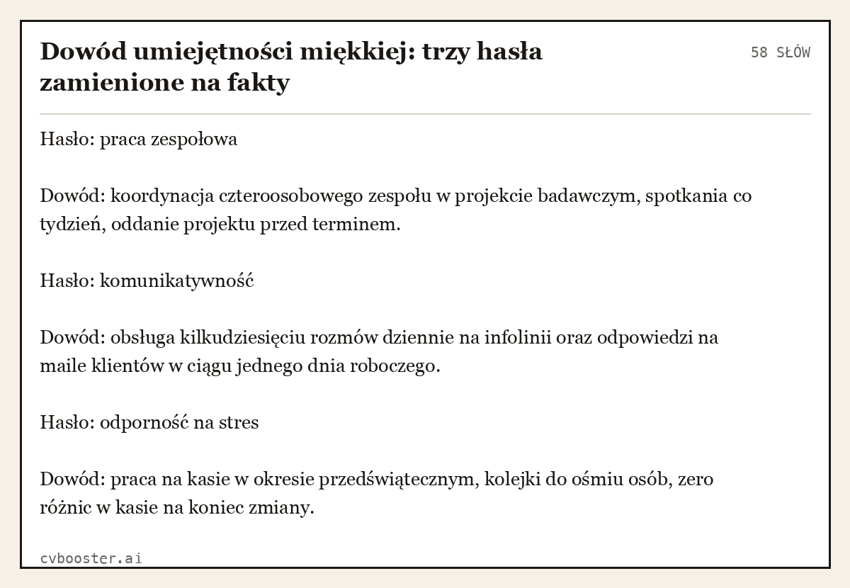 Gotowy przykład: Dowód umiejętności miękkiej: trzy hasła zamienione na fakty, 58 słów