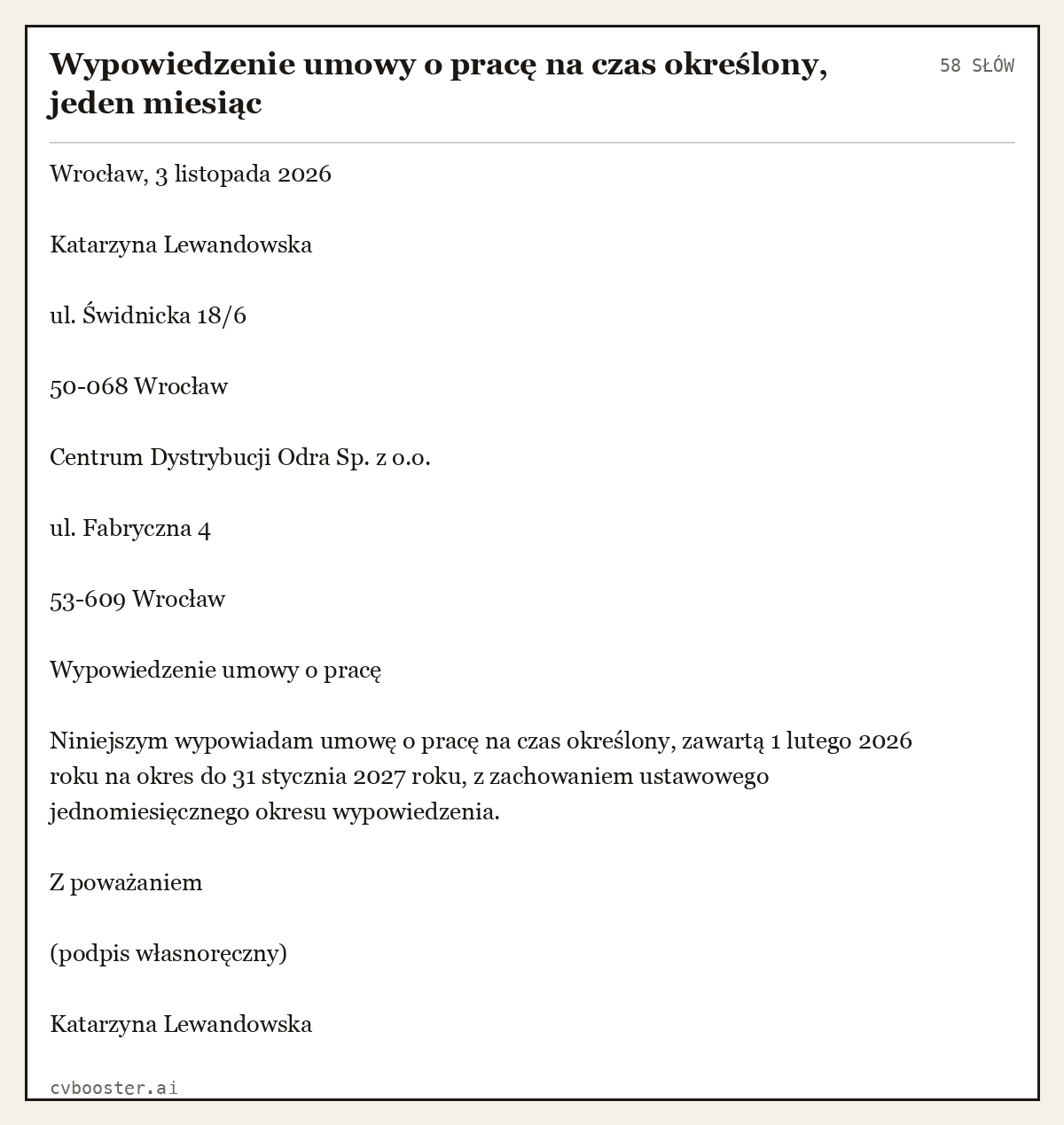 Gotowy przykład: Wypowiedzenie umowy o pracę na czas określony, jeden miesiąc, 58 słów