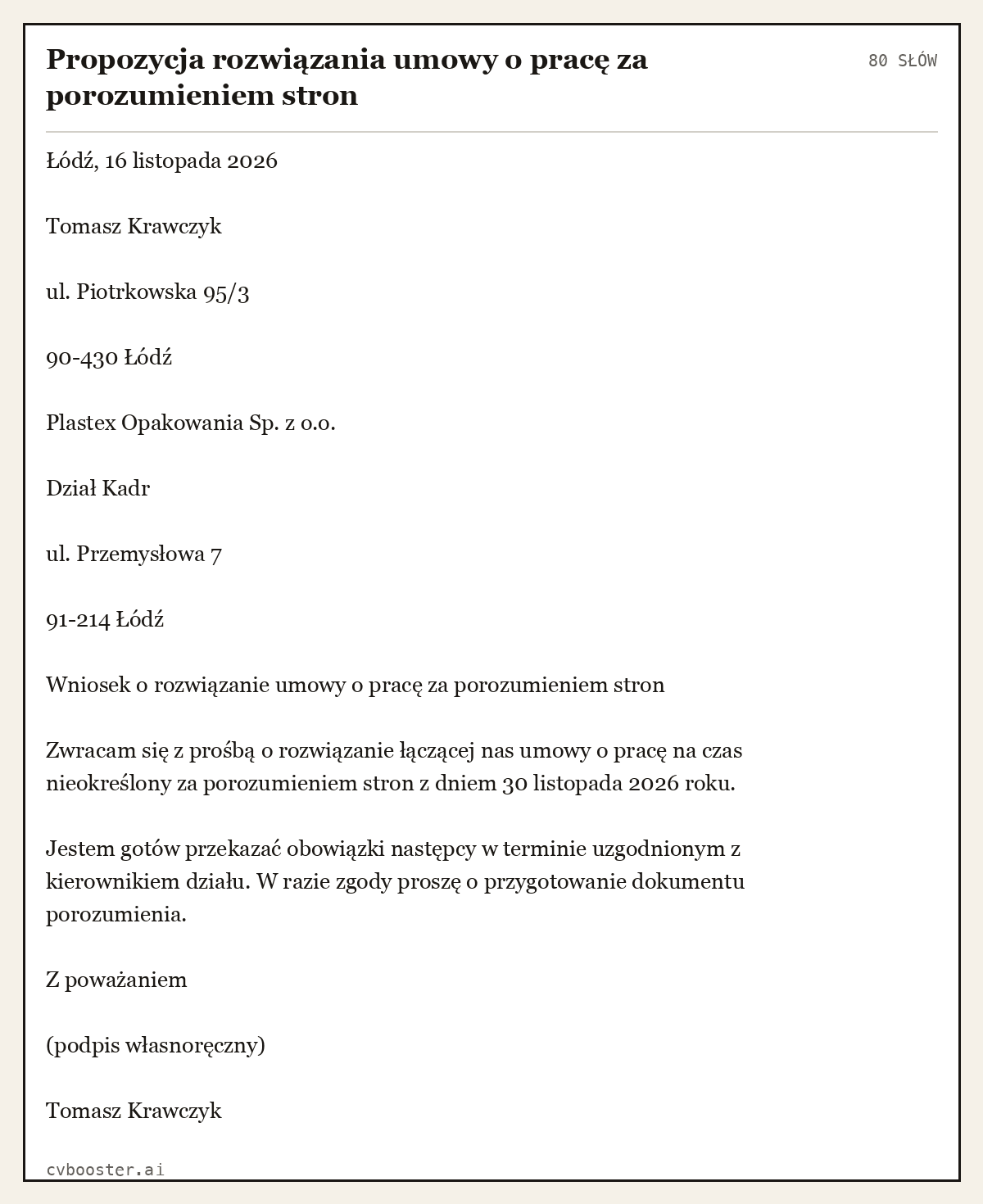 Gotowy przykład: Propozycja rozwiązania umowy o pracę za porozumieniem stron, 80 słów