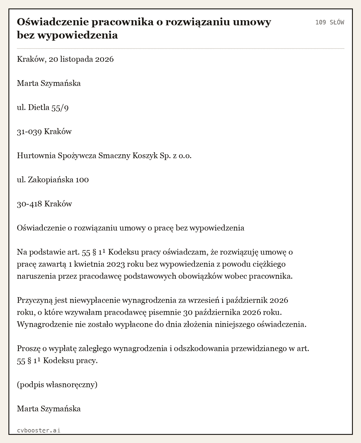 Gotowy przykład: Oświadczenie pracownika o rozwiązaniu umowy bez wypowiedzenia, 109 słów