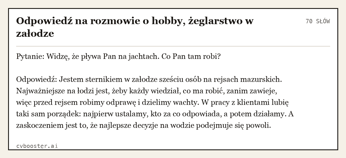 Gotowy przykład: Odpowiedź na rozmowie o hobby, żeglarstwo w załodze, 70 słów