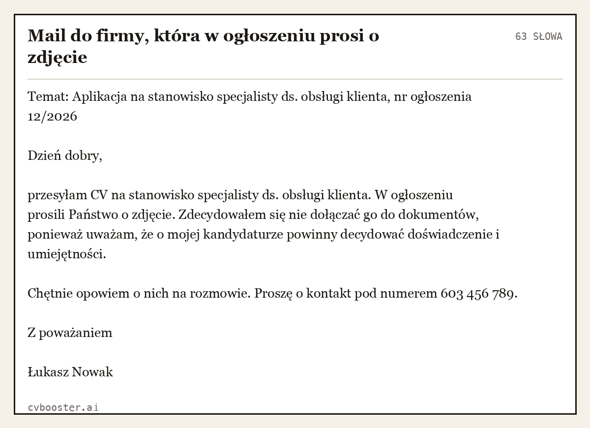 Gotowy przykład: Mail do firmy, która w ogłoszeniu prosi o zdjęcie, 63 słowa