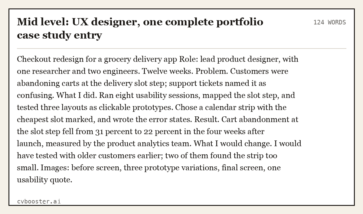 Complete Mid level: UX designer, one complete portfolio case study entry example, 124 words, laid out as it would sit in the application form