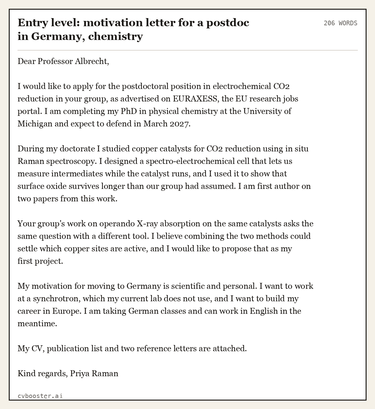 Complete Entry level: motivation letter for a postdoc in Germany, chemistry example, 206 words, laid out as it would sit in the application form