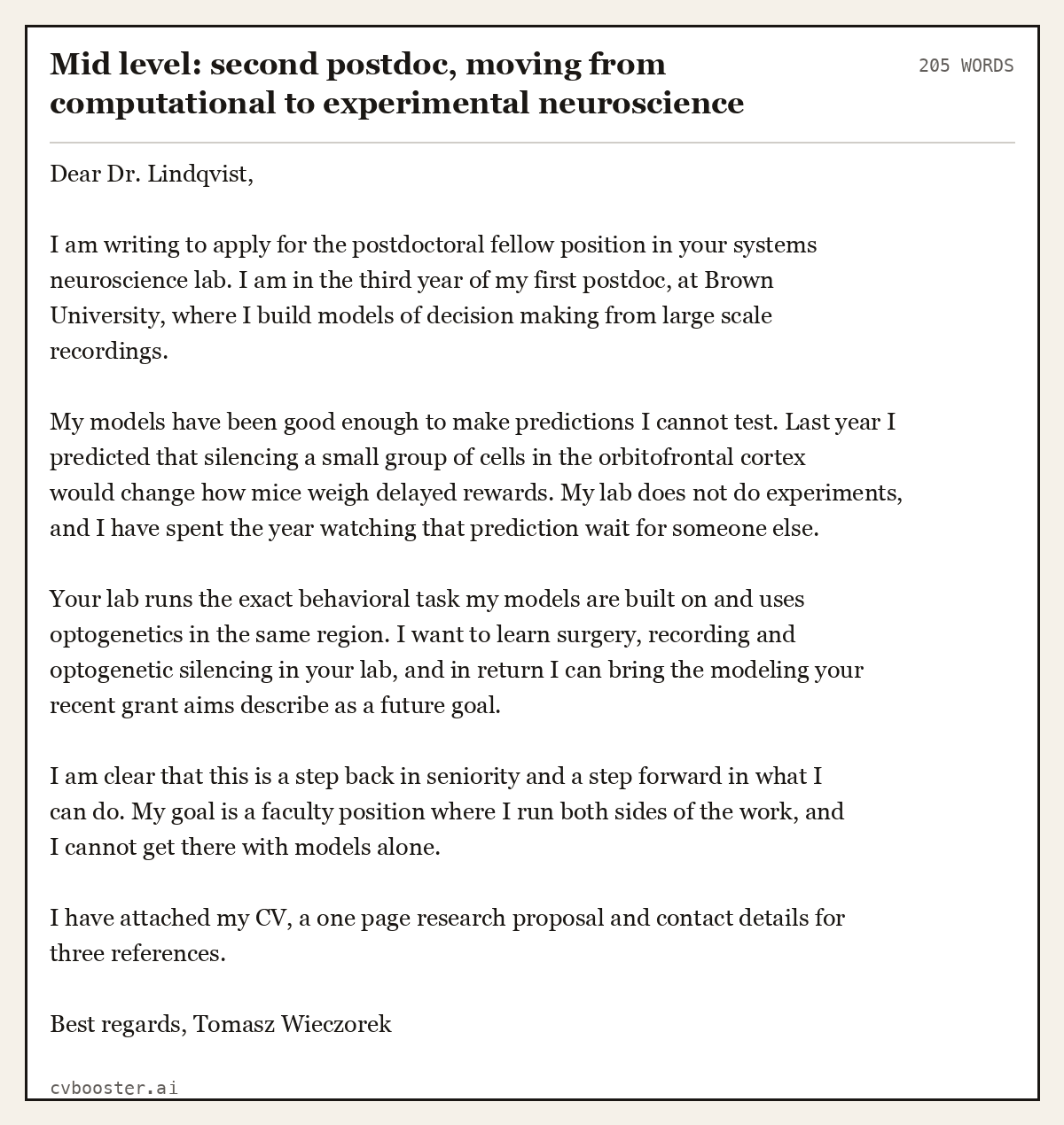 Complete Mid level: second postdoc, moving from computational to experimental neuroscience example, 205 words, laid out as it would sit in the application form