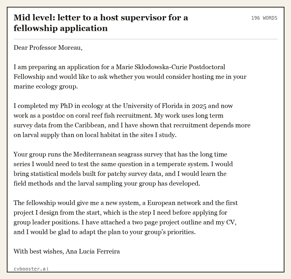 Complete Mid level: letter to a host supervisor for a fellowship application example, 196 words, laid out as it would sit in the application form