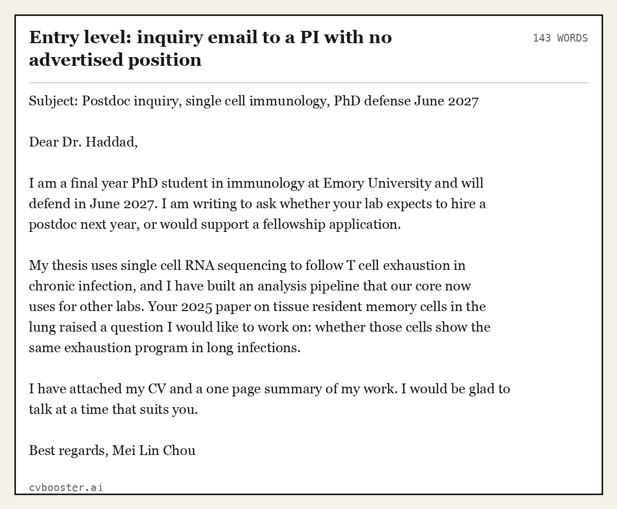 Complete Entry level: inquiry email to a PI with no advertised position example, 143 words, laid out as it would sit in the application form