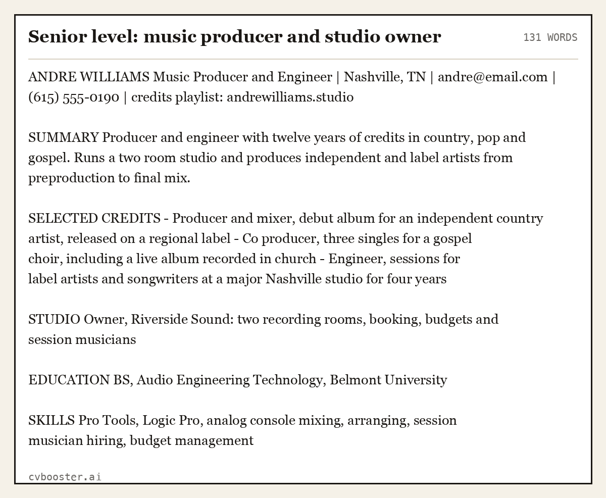 Complete Senior level: music producer and studio owner example, 131 words, laid out as it would sit in the application form