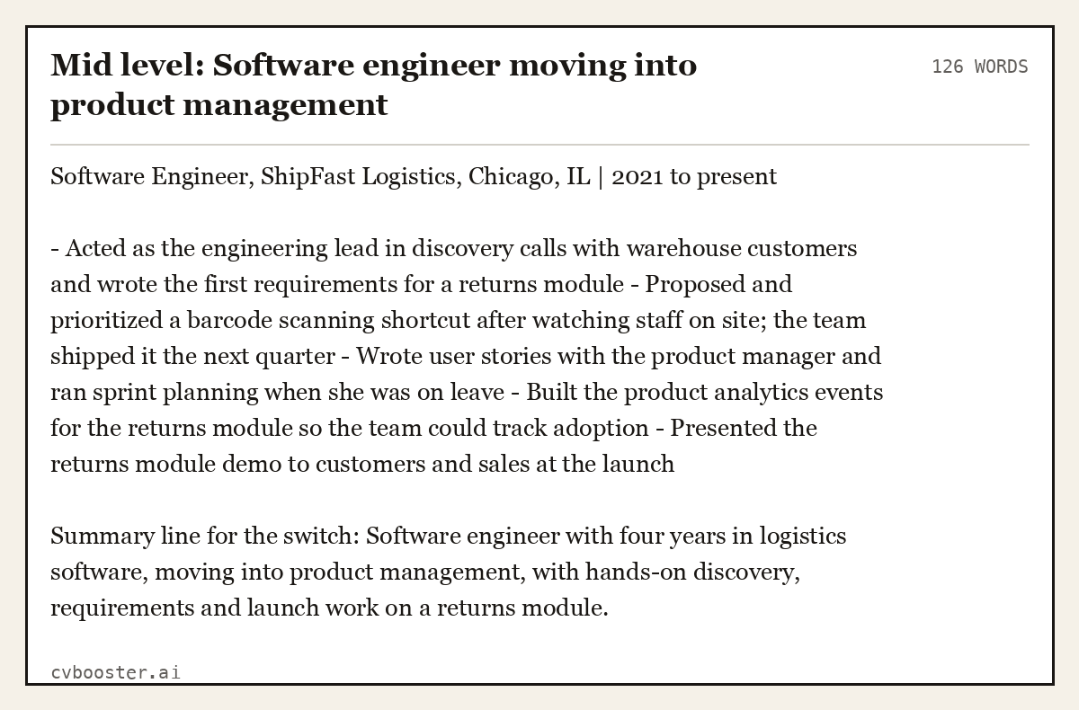Complete Mid level: Software engineer moving into product management example, 126 words, laid out as it would sit in the application form
