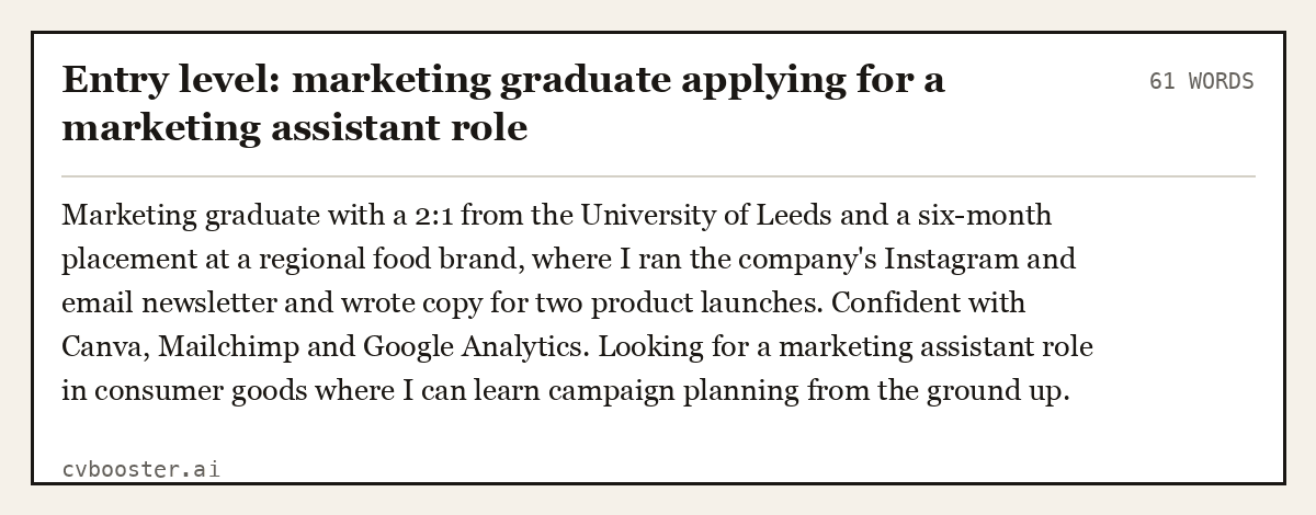 Complete Entry level: marketing graduate applying for a marketing assistant role example, 61 words, laid out as it would sit in the application form