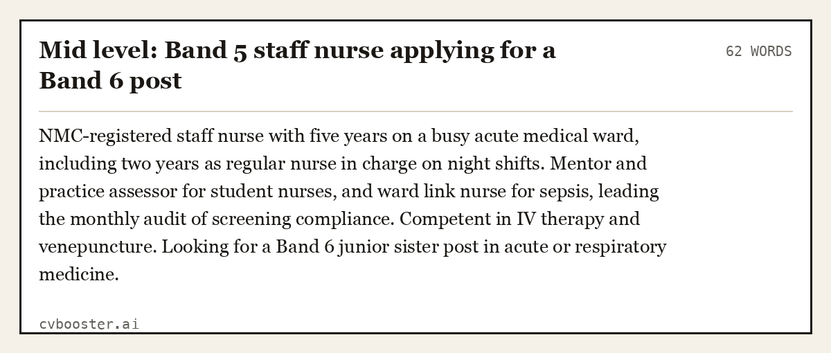 Complete Mid level: Band 5 staff nurse applying for a Band 6 post example, 62 words, laid out as it would sit in the application form