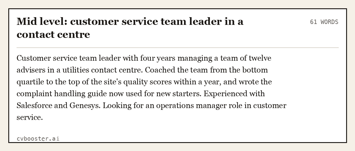 Complete Mid level: customer service team leader in a contact centre example, 61 words, laid out as it would sit in the application form