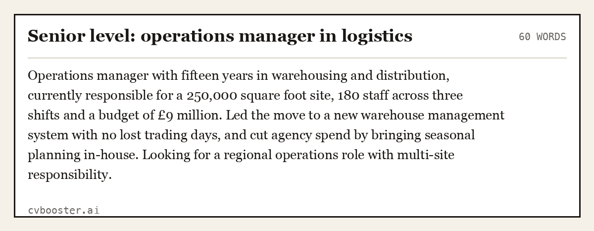 Complete Senior level: operations manager in logistics example, 60 words, laid out as it would sit in the application form