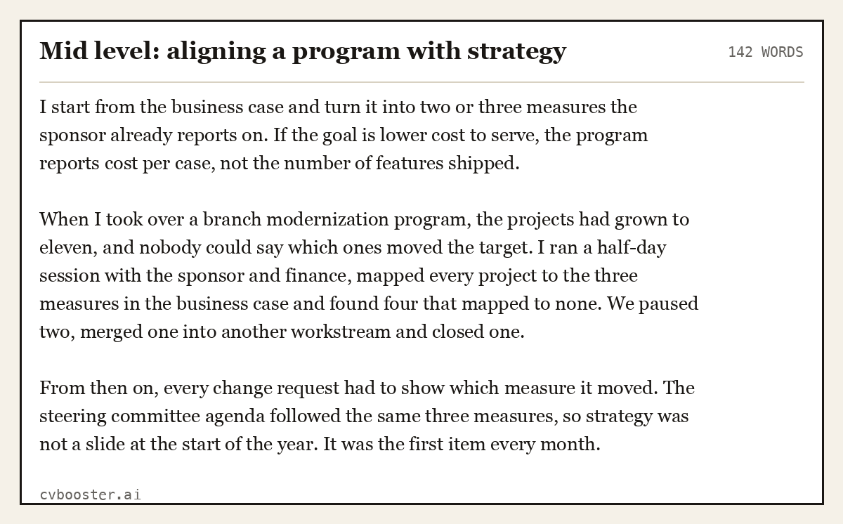 Complete Mid level: aligning a program with strategy example, 142 words, laid out as it would sit in the application form