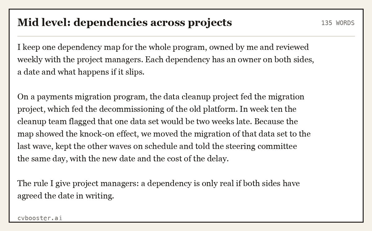 Complete Mid level: dependencies across projects example, 135 words, laid out as it would sit in the application form