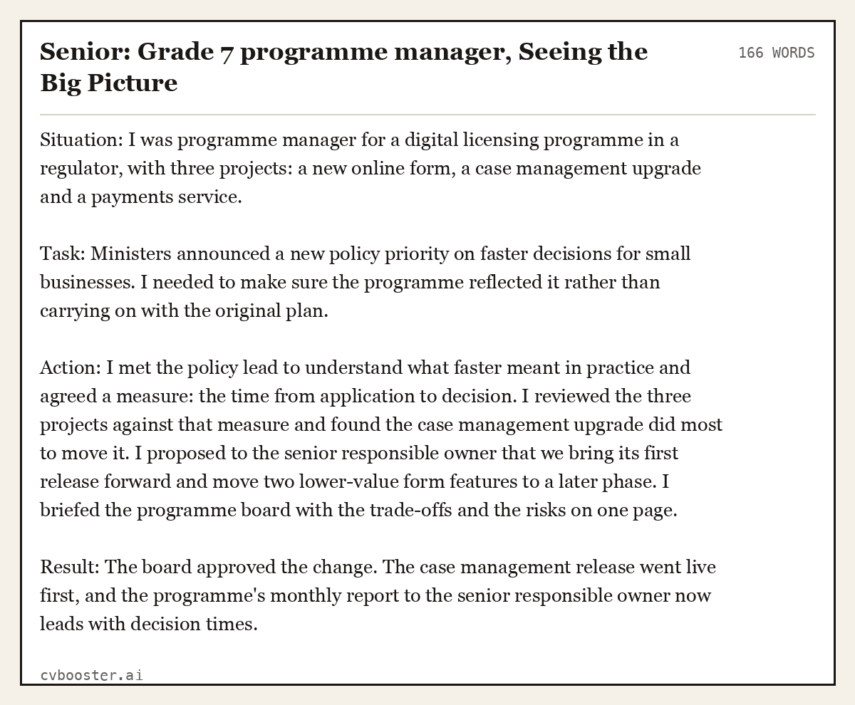 Complete Senior: Grade 7 programme manager, Seeing the Big Picture example, 166 words, laid out as it would sit in the application form