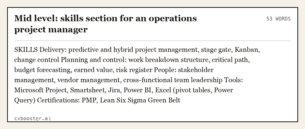 Complete Mid level: skills section for an operations project manager example, 53 words, laid out as it would sit in the application form