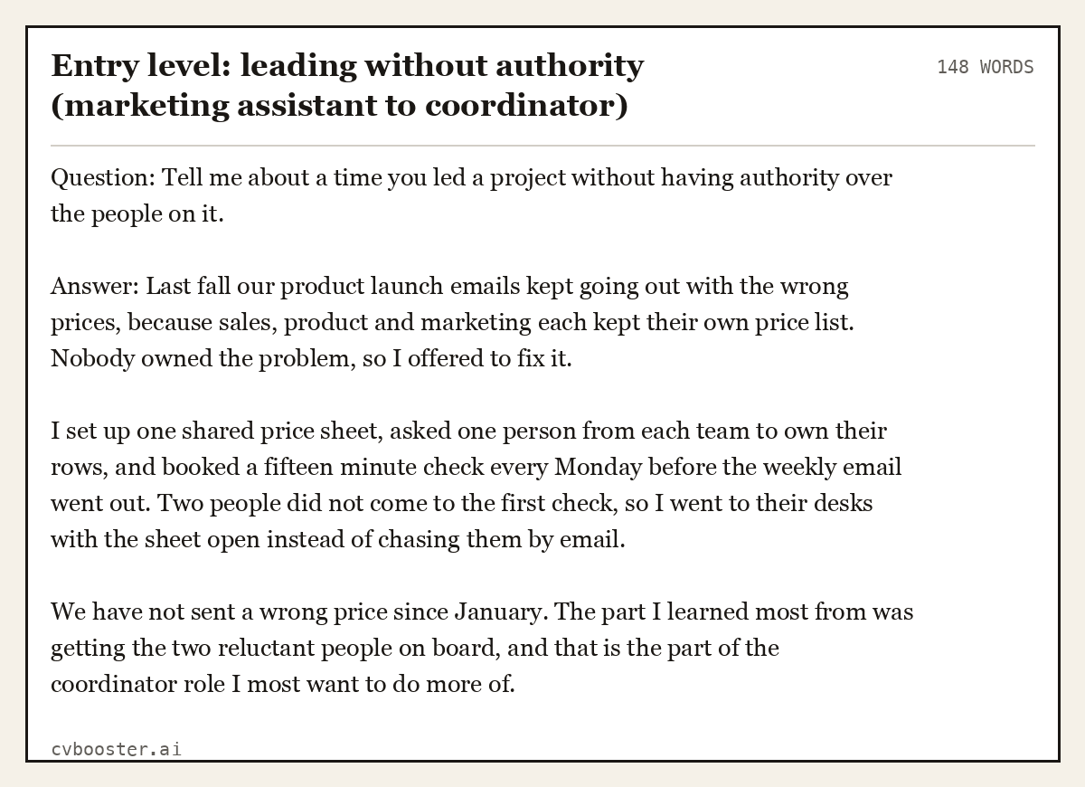 Complete Entry level: leading without authority (marketing assistant to coordinator) example, 148 words, laid out as it would sit in the application form