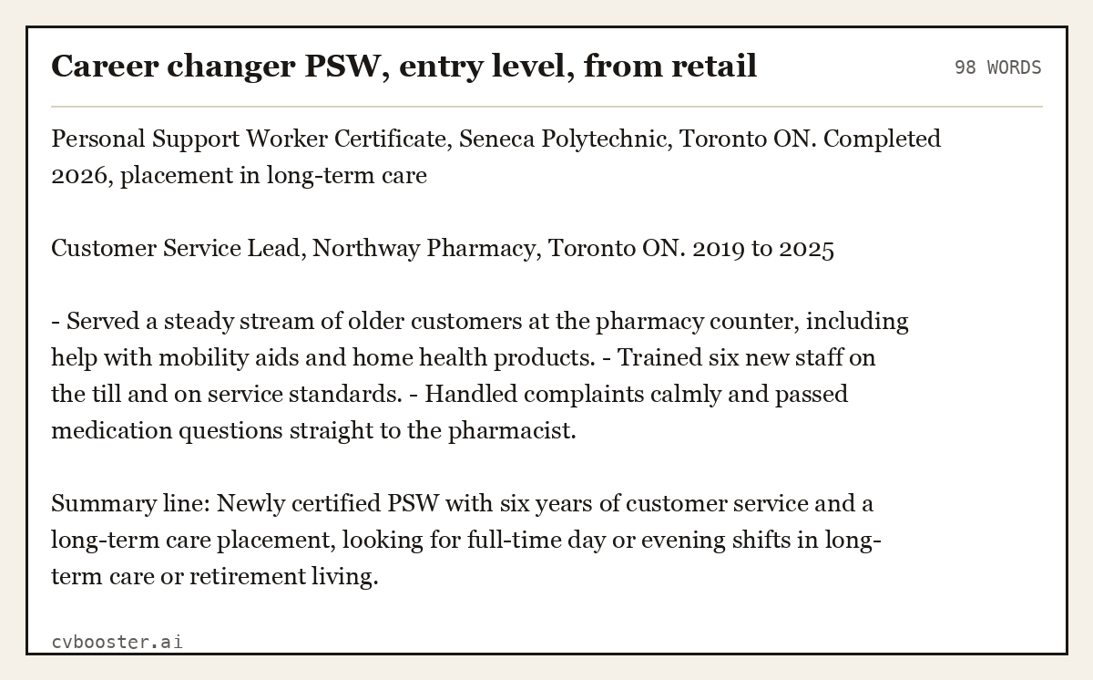 Complete Career changer PSW, entry level, from retail example, 98 words, laid out as it would sit in the application form