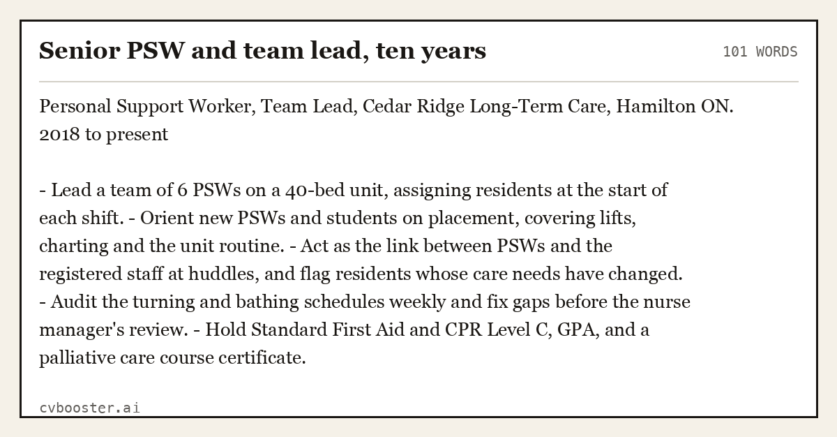 Complete Senior PSW and team lead, ten years example, 101 words, laid out as it would sit in the application form