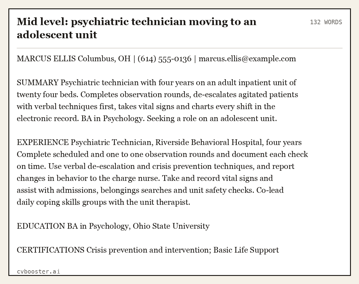 Complete Mid level: psychiatric technician moving to an adolescent unit example, 132 words, laid out as it would sit in the application form